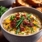Bowl of creamy Loaded Potato Soup topped with bacon, cheese, and green onions