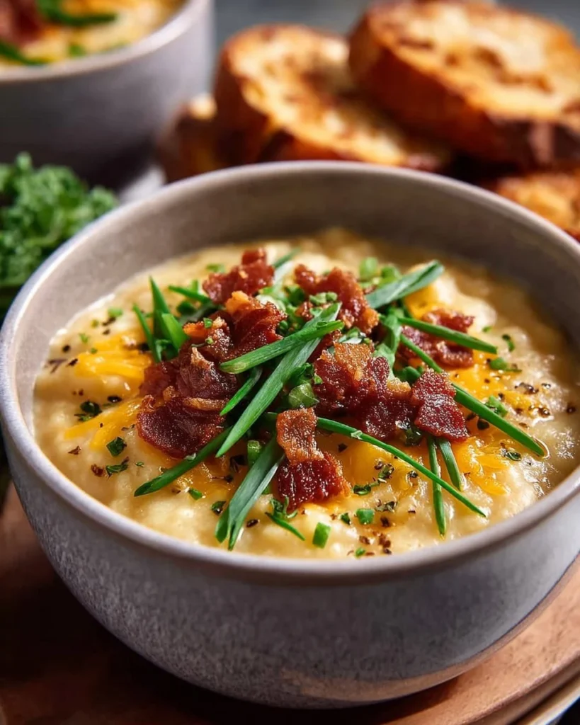 Bowl of creamy Loaded Potato Soup topped with bacon, cheese, and green onions