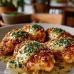Crispy Longhorn Steakhouse-inspired Parmesan Chicken garnished with herbs