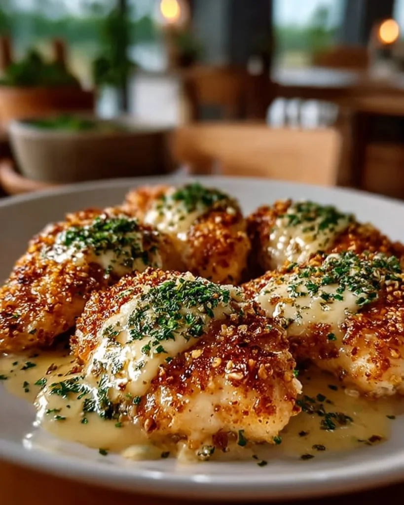 Crispy Longhorn Steakhouse-inspired Parmesan Chicken garnished with herbs