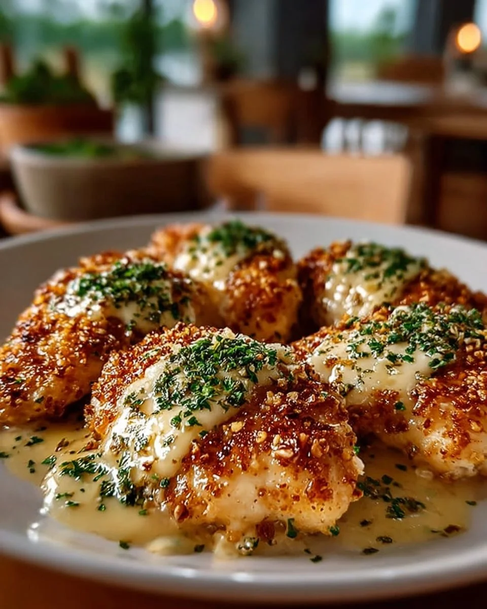 Crispy Longhorn Steakhouse-inspired Parmesan Chicken garnished with herbs