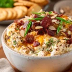A bowl of Neiman Marcus Dip served with fresh vegetables and crackers