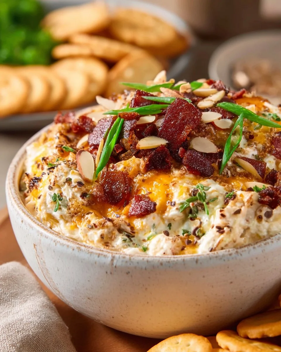 A bowl of Neiman Marcus Dip served with fresh vegetables and crackers
