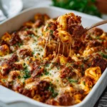 No-boil sausage and vegetable tortellini bake garnished with fresh herbs