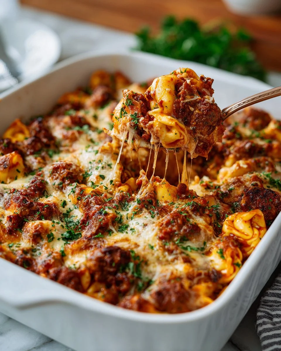 No-boil sausage and vegetable tortellini bake garnished with fresh herbs