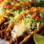 Delicious old school beef taco served with fresh toppings and salsa