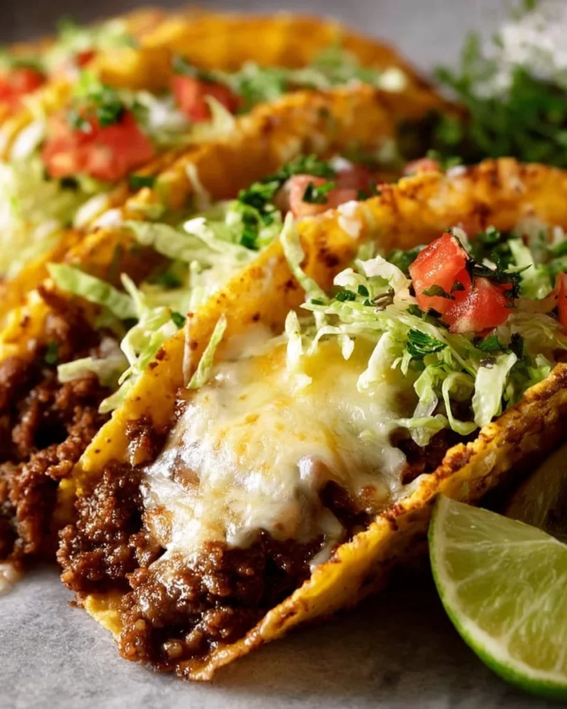 Delicious old school beef taco served with fresh toppings and salsa