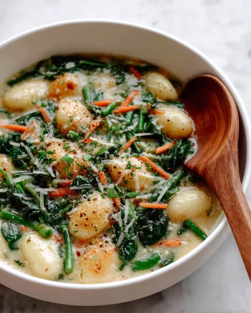 Bowl of Olive Garden Chicken Gnocchi Soup with fresh herbs and chicken