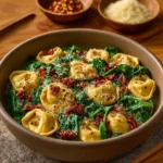 One Pan Creamy Sun-Dried Tomato Tortellini served in a white bowl