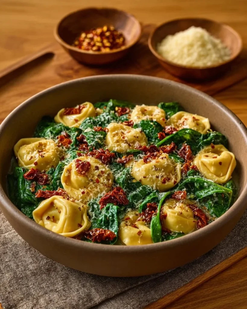 One Pan Creamy Sun-Dried Tomato Tortellini served in a white bowl