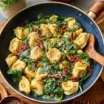 One Pan Creamy Sun-Dried Tomato Tortellini served in a skillet with a sprinkle of herbs.