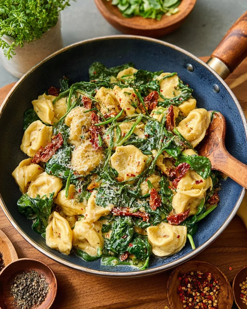 One Pan Creamy Sun-Dried Tomato Tortellini served in a skillet with a sprinkle of herbs.