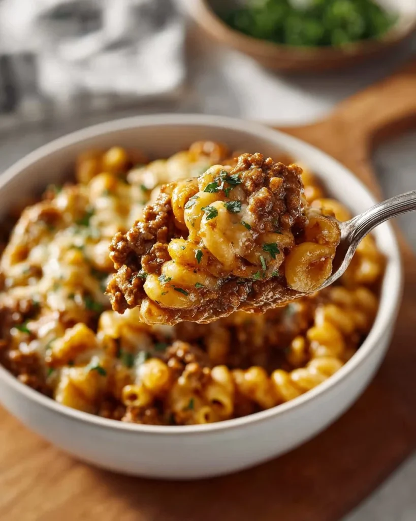 A serving of One-Pot Chili Mac topped with cheese and herbs