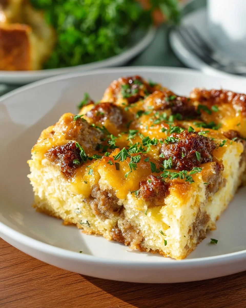 Overnight sausage and egg breakfast casserole served on a plate