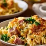 Savory Pineapple Ham Casserole topped with cheese and breadcrumbs