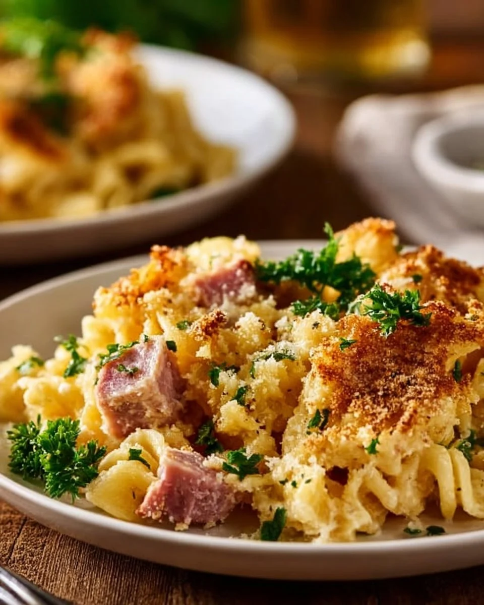 Savory Pineapple Ham Casserole topped with cheese and breadcrumbs