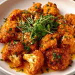 Baked buffalo cauliflower wings served with dipping sauce on a plate