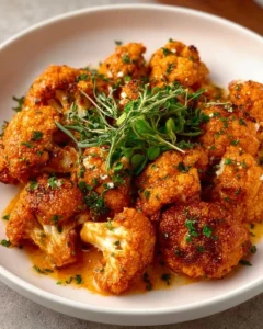 Baked buffalo cauliflower wings served with dipping sauce on a plate