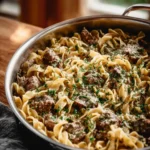 Delicious quick beef stroganoff served over egg noodles with mushrooms and creamy sauce