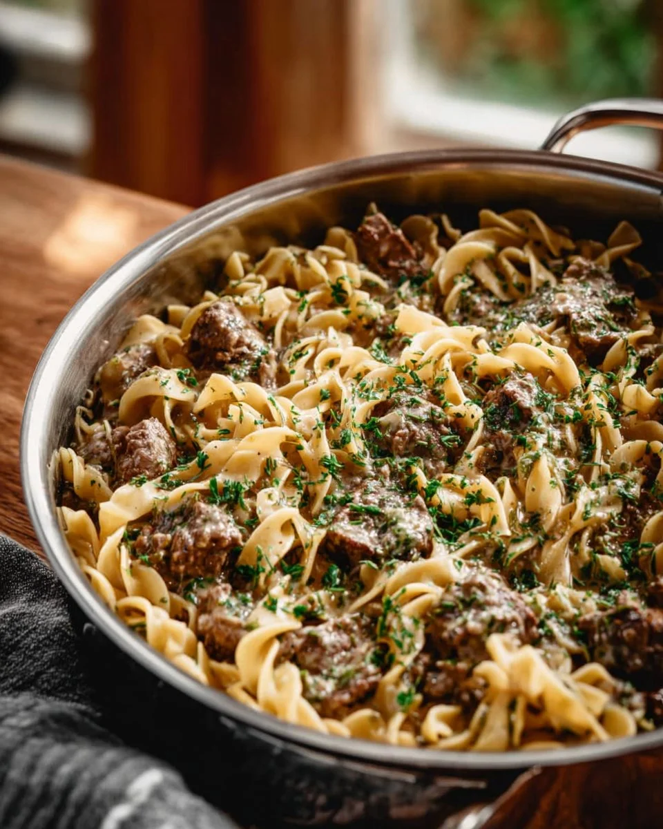 Delicious quick beef stroganoff served over egg noodles with mushrooms and creamy sauce