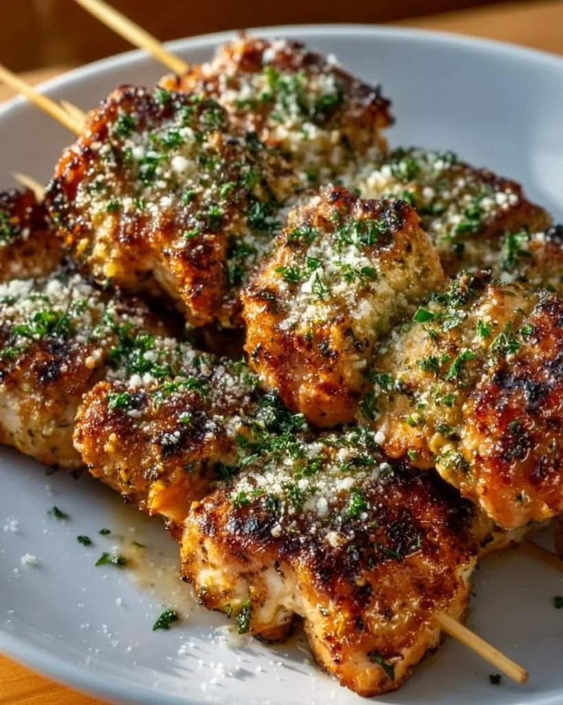 Ranch Garlic Parmesan Chicken Skewers on a plate garnished with herbs