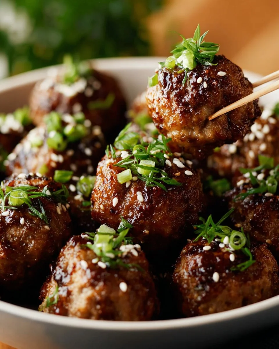 Delicious saucy Asian meatballs garnished with herbs and served in a bowl