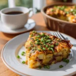 Savory breakfast potato bake with crispy potatoes and colorful vegetables