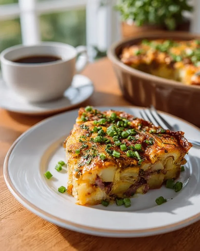 Savory breakfast potato bake with crispy potatoes and colorful vegetables