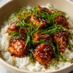 Delicious Sesame Chicken served with sesame seeds and sauce