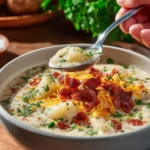 Bowl of creamy slow cooker potato leek soup garnished with fresh herbs