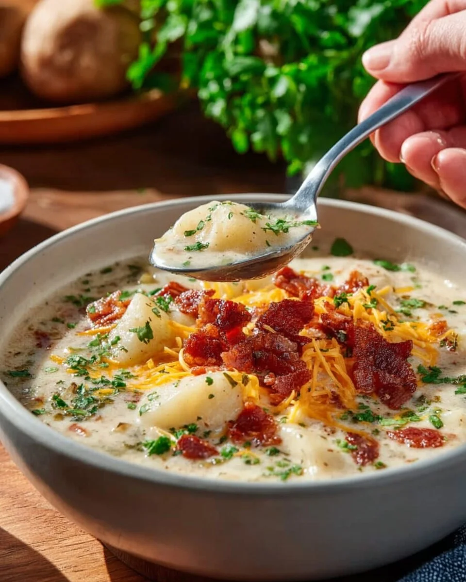 Bowl of creamy slow cooker potato leek soup garnished with fresh herbs