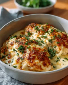 Smothered cheesy sour cream chicken served with herbs