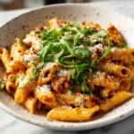 Spicy Bacon Tomato Pasta dish garnished with parsley