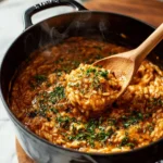 Delicious Spicy Italian Sausage Orzo dish garnished with herbs and spices