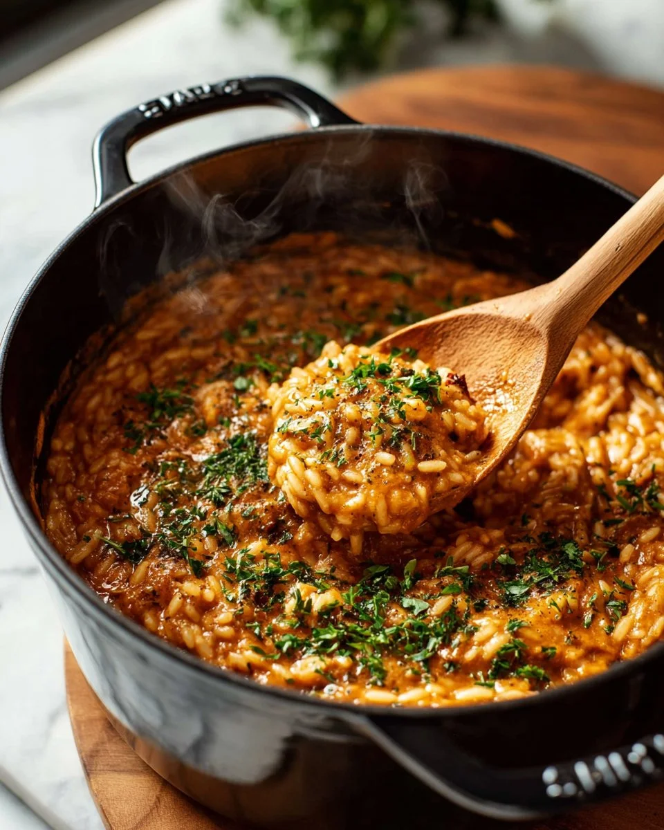 Delicious Spicy Italian Sausage Orzo dish garnished with herbs and spices