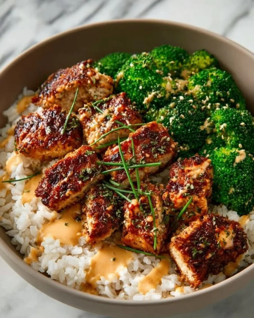 Delicious sticky chicken rice bowls topped with fresh herbs and sauces