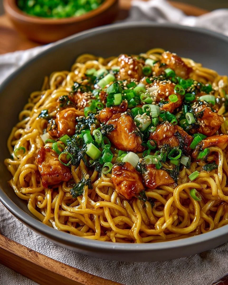 Plate of Sticky Garlic Chicken Noodles garnished with herbs