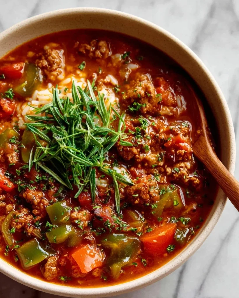 Bowl of hearty stuffed pepper soup with colorful peppers and herbs