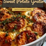 Delicious sweet potato gratin topped with cheese and herbs, served in a baking dish.
