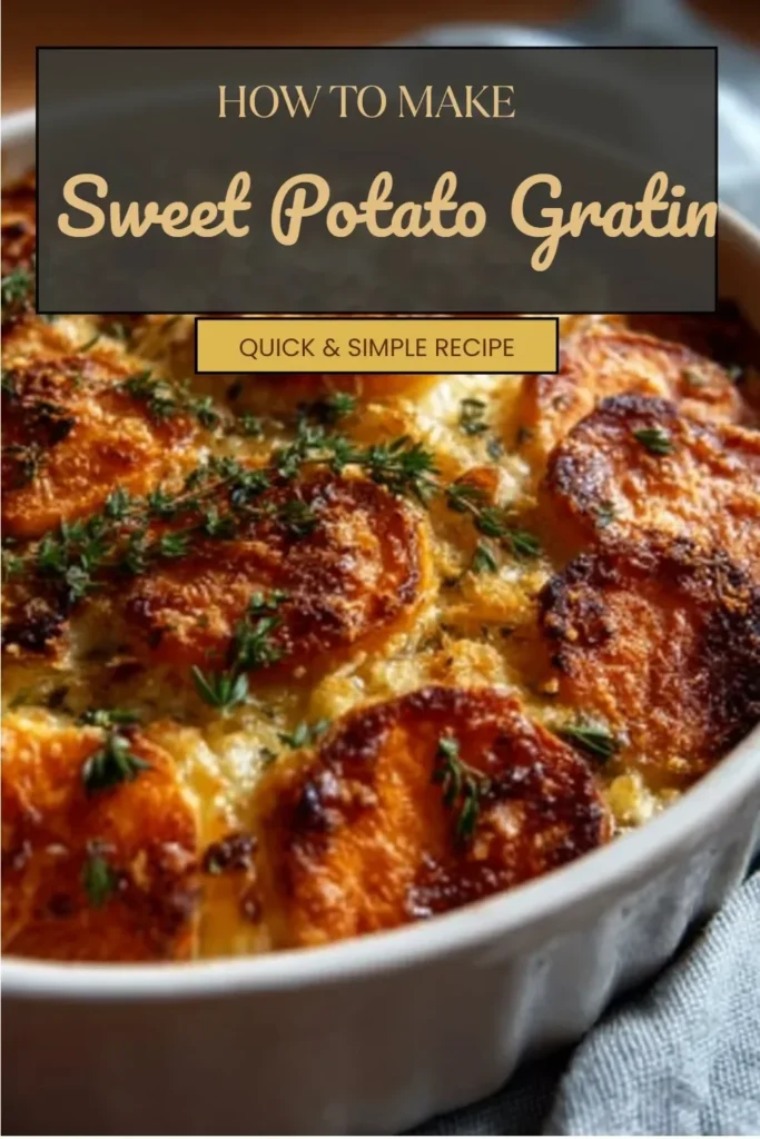 Delicious sweet potato gratin topped with cheese and herbs, served in a baking dish.