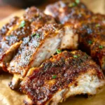 Delicious grilled ribs served with barbecue sauce and garnished with herbs