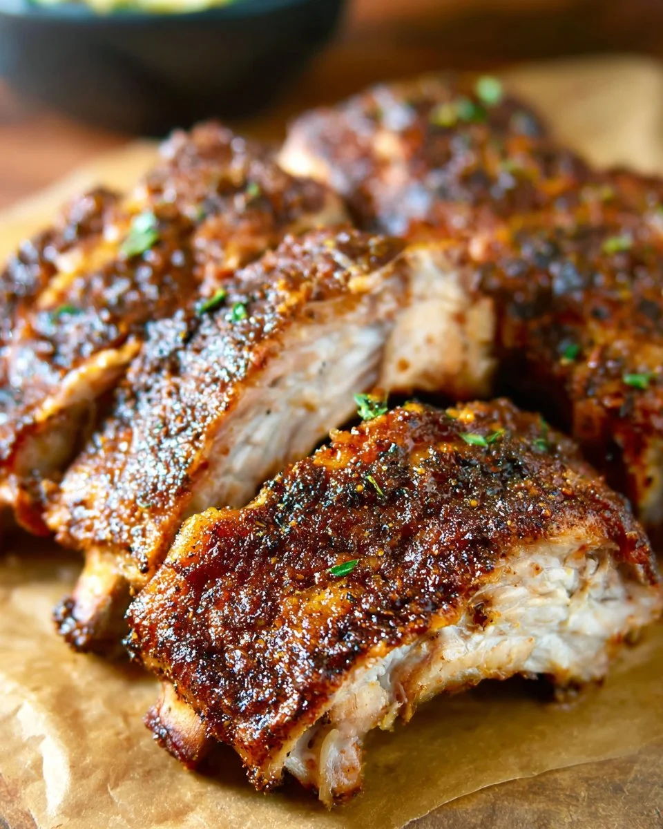 Delicious grilled ribs served with barbecue sauce and garnished with herbs