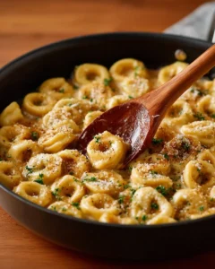 Creamy Tortellini Alfredo served with parsley garnish