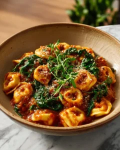 Baked Tortellini and Sausage Casserole in a ceramic dish