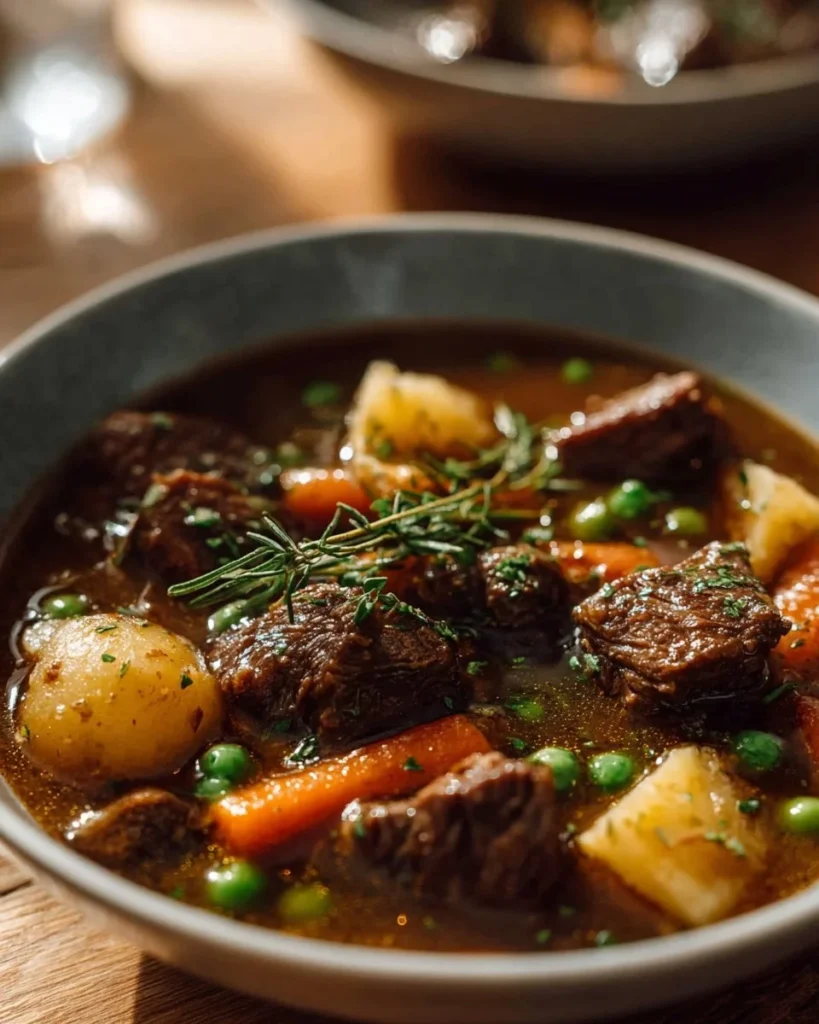 A bowl of hearty Vegetable Beef Soup filled with fresh vegetables and tender beef.