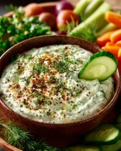 Platter of fresh vegetables served with a creamy herb dip