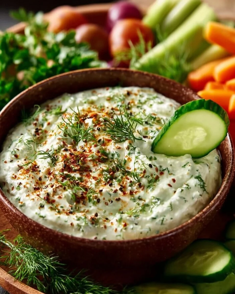 Platter of fresh vegetables served with a creamy herb dip