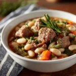 Bowl of homemade Amish Bean Soup with vegetables and herbs