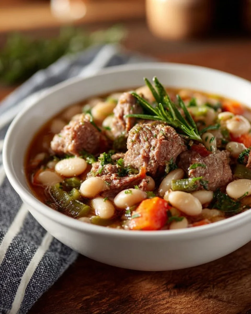 Bowl of homemade Amish Bean Soup with vegetables and herbs