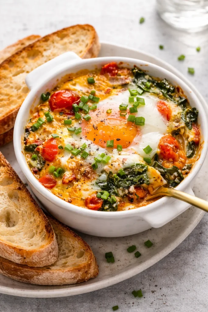 Baked feta eggs with tomatoes and spinach in a vibrant dish